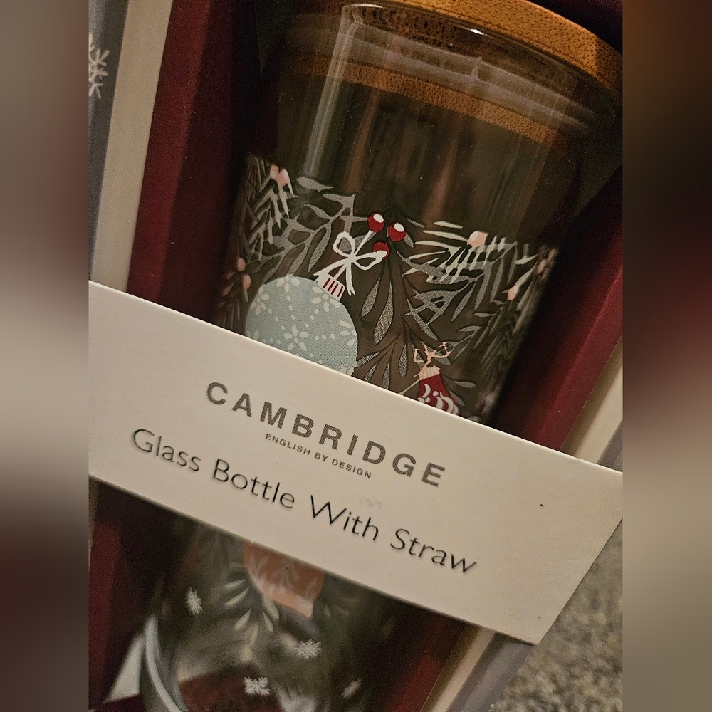 Cambridge Festive Holiday Glasss Bottle with Straw & Bamboo Lid